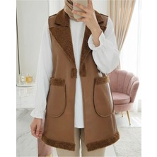 Modamorfo Içi Kuzu Peluş Çift Cepli Yelek   -Taba