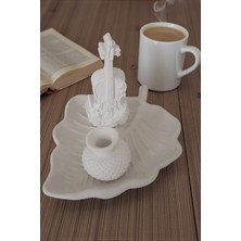 Doğal Dekoratif Mat Beyaz Alçı Obje Seti | Keman Figürlü Yaprak Tabak ve Mini Vazo