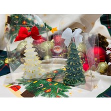 Yılbaşı Hediyesi Çam Ağacı Dekoratif 2'li Şeffaf Çantada Hediyelik Mum Yeşil Beyaz