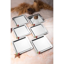 6'lı Lüx Gümüş Kare Aksesuarlı Paslanmaz Çelik Servis Tepsisi