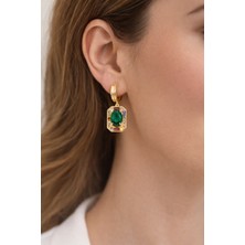 Ares 01 Store 💗 Yeşil Taşlı Zirkon Detaylı Altın Renk Küpe Zarif Kadın Küpe 💗