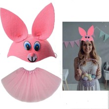 Derin Stok Tavşan Kostümü Pembe - 23 Nisan Tavşan Şapka ve Tütü Etek Seti 2 Parça