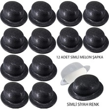 Derin Stok Siyah Renk Simli Melon Yuvarlak Parti Şapkası 12 Adet