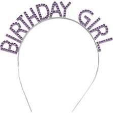 MiraLive Mor Renk Kristal Taşlı Parlak Birthday Girl Yazılı Taç 16X17 cm