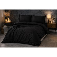 Vionetta Pamuk Saten Siyah Çizgili Otel Serisi Lastikli Çarşaflı Çift Kişilik Nevresim Takımı