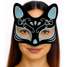 Derin Stok Siyah Renk Süet Kaplama Üzeri Gümüş Simli Kedi Maskesi 17X14 cm