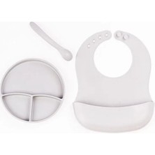 Derin Stok Gri 3’lü Silikon Yemek Seti – Önlük + Diş Kaşıyıcılı Kaşık + Vakumlu Tabak