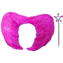 Derin Stok Gerçek Tüylü Katlanabilir Çocuk Pembe Melek Kanadı ve Asa Seti 40X55 cm