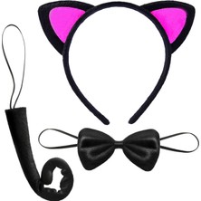 Nemere Kedi Kulak Taç Kuyruk ve Papyon 3 Lü Set Çocuk Boy Fuşya Renk