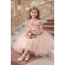 Tarz Çocuk Kız Çocuk Pudra Pembe Tül Prenses Abiye Elbise 4-8 Yaş – 3D Gül Detaylı Fiyonklu Özel Gün & Doğum Günü Elbisesi