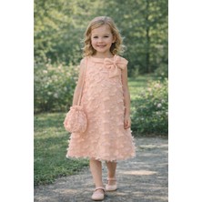 Tarz Çocuk Kız Çocuk Somon 3D Kelebek Detaylı Tül Elbise 4-7 Yaş – Omuz Fiyonklu Çantalı Prenses Doğum Günü & Davet Elbisesi