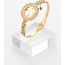 Lia Charm Çeyrek Altın Uyumlu Zirkon Taşlı Kelepçe Bileklik - Elegant Tasarım