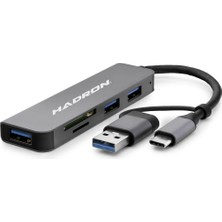Nemere USB 3.0 &amp; Type-C Hub Kart Okuyucu 5 Port - Gri HDX7826