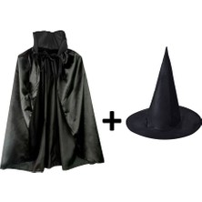 Nemere Siyah Yakalı Pelerin ve Siyah Cadı Şapkası Seti Çocuk Boy