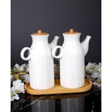 2'li Ahşap Standlı 1000 ml Beyaz Papatya Yağlık ve Sirkelik Seti