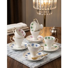 Ogeda Home Mien 6'lı Çiçekli 3 Farklı Renk Fincan Takımı-6 Kişilik Mavi, Pembe,yeşil Çiçek Detaylı Fincan Seti