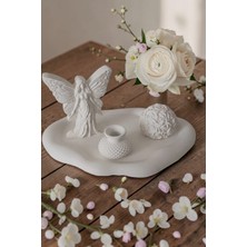 Doğal Mat Beyaz Alçı Dekorasyon Seti | Melek, Mini Vazo ve Gül Buketi