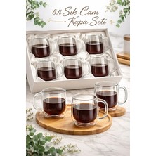 6'lı Çift Katlı Çift Cidarlı Cam Fincan Seti 350 Ml, Isı Yalıtımlı Kulplu