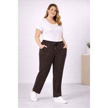 Şans Kadın Büyük Beden Kahverengi, Bel Lastikli, Ön Taş Işli Cepli Eşofman Alt 65N39394