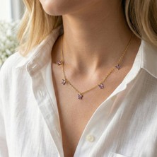 Vaoov 925 Ayar Gümüş Mor Taşlı Altın Kaplama Şans Kelebek Kolye