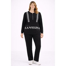 Şans Kadın Büyük Beden Siyah, Taş Işli Baskılı, Yarım Pat Fermuar Kapama Cepli Eşofman Takım 65N39392