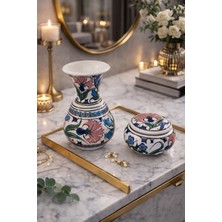 Loremp El Yapımı Kütahya Çini Vazo ve Kapaklı Kutu Seti Dekoratif Seramik Hediyelik