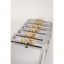 6'lı Lüks Kare Sunum Tepsisi Seti, Altın Renkli Çiçek Kulplu, Paslanmaz Çelik