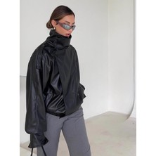 Lux Vestimenta Zra Düğme Detaylı Fermuarlı Beledan Siyah Kadın Deri Ceket