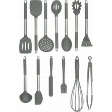 Paslanmaz Çelik ve Silikon Spatula Mutfak Seti, 14 Parça, Gri