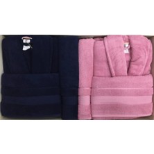 Özdilek Unisex Pembe Lacivert Pamuk Aile Bornoz Seti