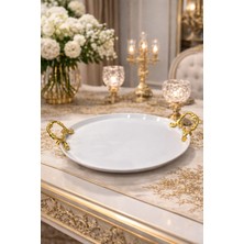 Şık Porselen Sunum Tepsisi, Metal Kulplu, 27 Cm, Zarif Sunum Aksesuarı