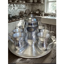 Şehzade 8 Parça Ayran Seti, Alüminyum Kapaklı Sürahi ve El Işlemeli Tepsi