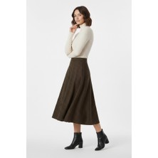 Kadın Kahve Ekose Etek Yüksek Bel Midi Boy Kloş A Form