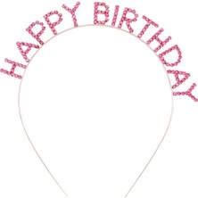 MiraLive Pembe Renk Kristal Taşlı Gold Renk Kaplama Happy Birthday Taç 16X17 cm