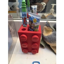 DIGIARTISAN3D Çocuklar Için LEGO Görünümlü Diş Fırçalık Renkli Banyo Organizeri & Diş Macunu Tutucu Kırmızı