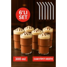 6'lı Cam Bardak Seti, Pipetli, 300 Ml, Soğuk Kahve ve Kokteyl Için