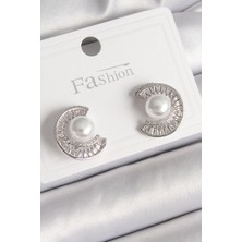 Nemere Pirinç Gümüş Renk Zirkon Taşlı Salyangoz Model Inci Detay Kadın Küpe - TJ-BKP9785