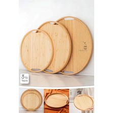 3’lü Lüx Iskandinav Bambu Tepsi Seti, Oval ve Yuvarlak Kahve Sunum Tepsisi