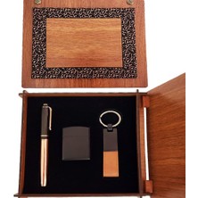 AyrStore Ahşap Kutulu Bakır Roller Kalem Taba Renk Anahtarlık ve Çakmak Set