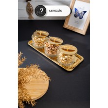 7 Parça Kapaklı Cam Çerezlik Seti, Gold Yaprak Detaylı Metal Tepsi