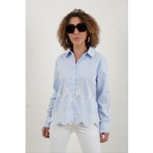 Zelish My Sister Mavi Nakışlı Çizgili Gömlek