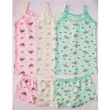 Adn Underwear 3 Adet Kız Çocuk Desenli Atlet Boxer Külot Takım Pamuklu Pembe Ekru Mint Set