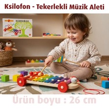 Direkstoktan Eğitici Ahşap Ksilofon Tekerlekli Çekçek Oyuncak - Çocuklar Için 8 Tuşlu Müzik Aleti