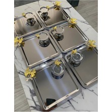 6'lı Kare Gümüş Çelik Sunum Tepsisi ve Kelebekli Makaroniği Seti