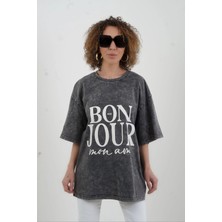 Zelish My Sister Antrasit Bonjour Baskılı Soluk Efektli Oversize Tshirt