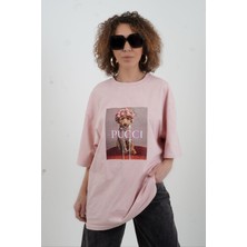 Zelish My Sister Pudra Kokoş Köpek Baskılı Soluk Efektli Oversize Tshirt