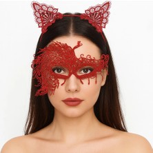 Derin Stok Alevin Zarafeti Kırmızı Dantel Maske ve Taç Seti 4 No – Kadın Kostüm Tamamlayıcı