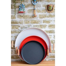 3'lü Ahşap Kulplu Metal Tepsi Seti, Çay ve Sunum Için Şık Tasarım