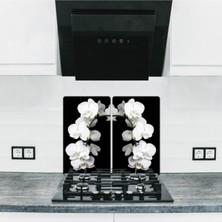 2'li 30X52CM Beyaz Orkide Ocak Koruyucu ve Cam Kesme Tahtası Takımı