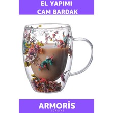 Armoris Yeni El Yapımı Sıcak Soğuk Dayanıklı Süslü Organik Çiçekli Borosilikat Cam Handmade Bardak 250ML